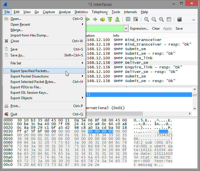 Wireshark export menu screenshot